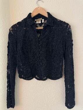 Vintage Caché Black Sheer Mesh Beaded Floral Cropped blouse.